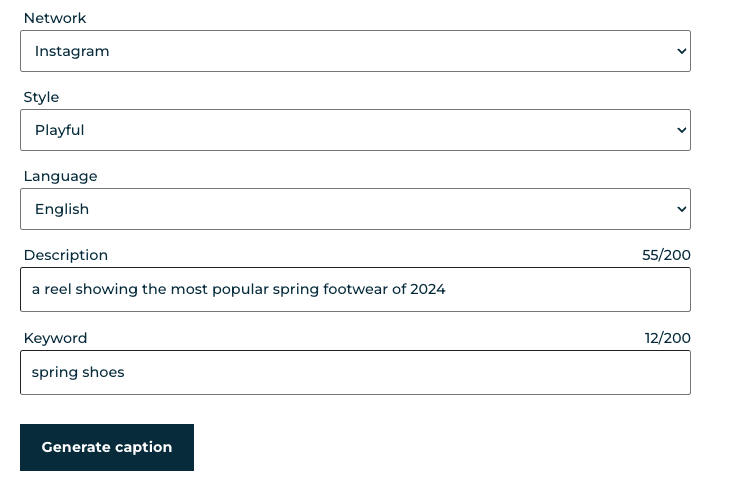 An example of how you can use the SEO caption generator. The prompt says "a reel showing the most popular spring footwear of 2024",