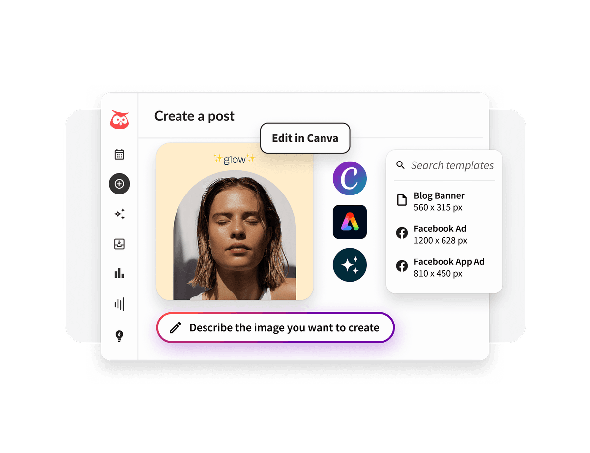 Screenshot of Hootsuite interface showing template options and an image editor with a glowing portrait against a light background