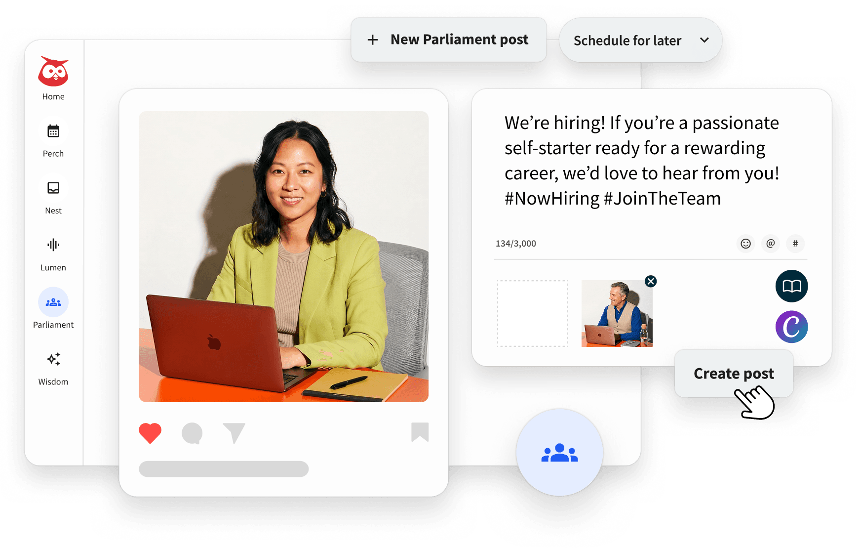 Social media interface showing healthcare job posting with "We're Hiring" text, sorting options, and engagement metrics
