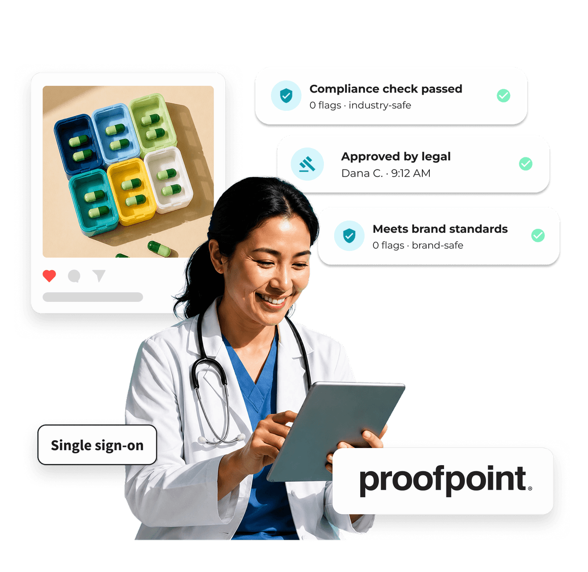 A smiling doctor holds a tablet, surrounded by compliance check notifications and the Proofpoint logo, indicating content approval.
