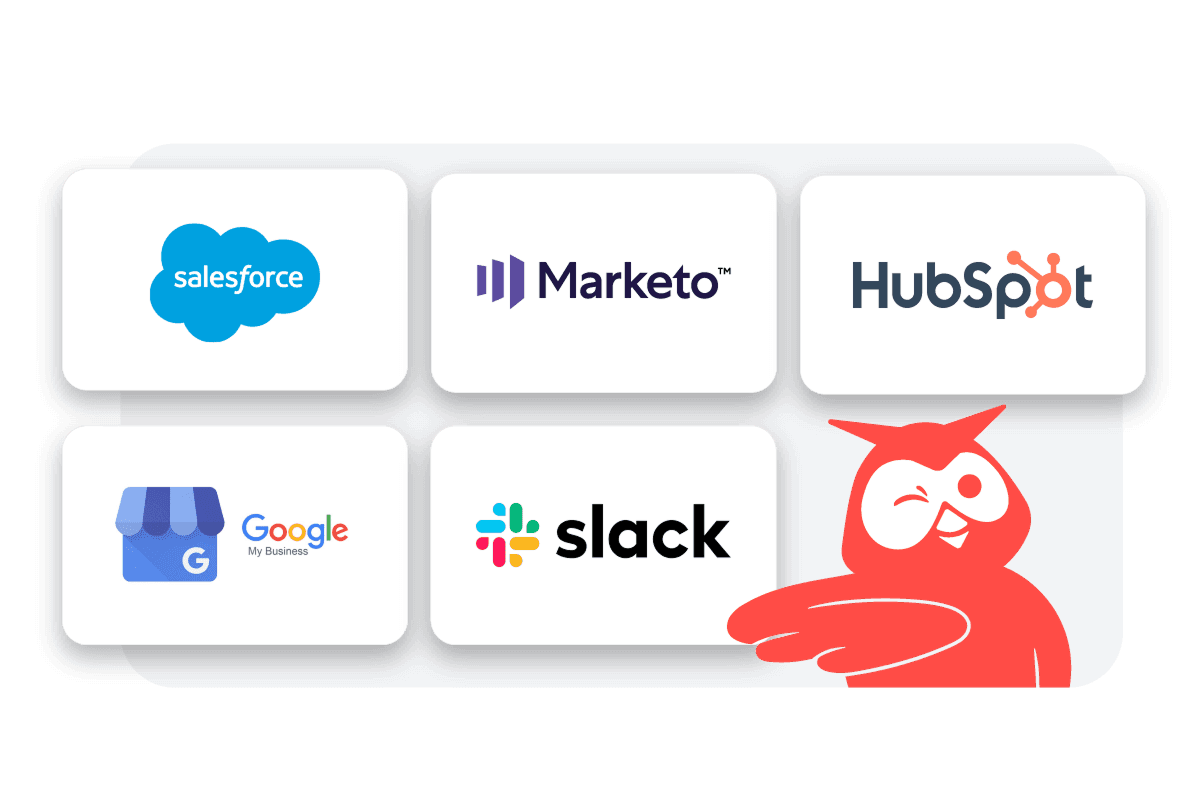 Logos of business software companies including Salesforce, Marketo, HubSpot, Google My Business, and Slack arranged in a grid layout